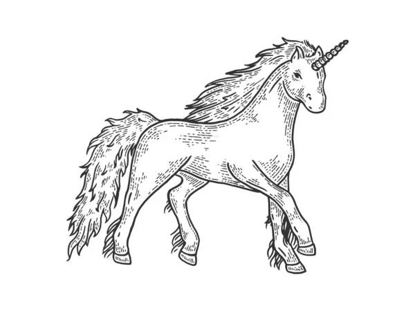 Unicornio mítico animal mágico bosquejo grabado vector ilustración. Diseño de estampado de ropa de camiseta. Scratch board estilo imitación. Imagen dibujada a mano en blanco y negro . — Archivo Imágenes Vectoriales