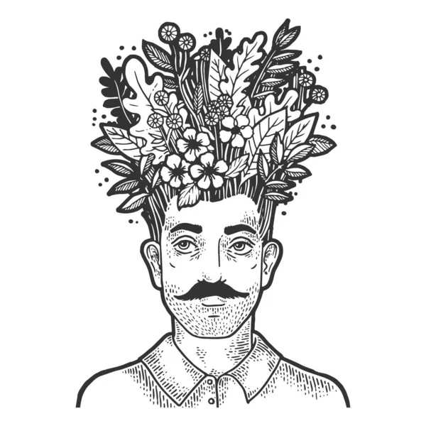 Grass and leaves on head sketch engraving vector illustration. T-shirt apparel print design. Scratch board style imitation. Black and white hand drawn image. — ストックベクタ