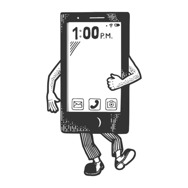 Smartphone-Gadget geht auf seine Füße Skizze Gravur Vektor Illustration. T-Shirt-Print-Design. Scratch-Board-Imitat. Handgezeichnetes Schwarz-Weiß-Bild. — Stockvektor