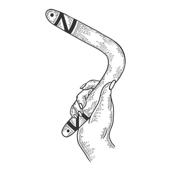 Boomerang vapen i handen skiss gravyr vektor illustration. Scratch board stil imitation. Svart och vit handritad bild. — Stock vektor