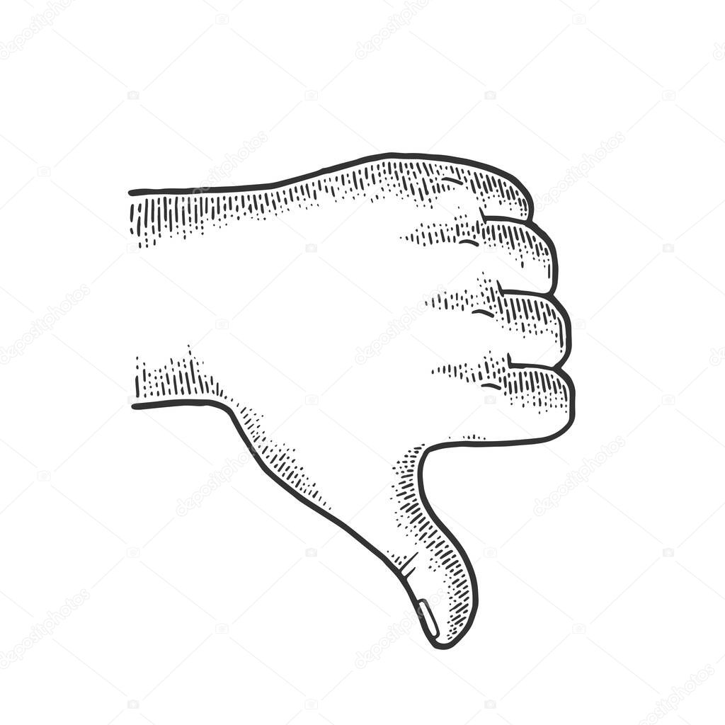 Thumb down hand gesture sketch engraving vector illustration. Scratch board imitation. Black and white hand drawn image.