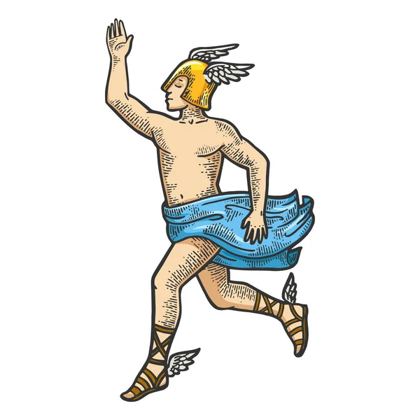 Hermes god of trade heraldry merchants commerce Ancient Greek religion engraving vector illustration. T-shirt apparel print design. Scratch board style imitation. Black and white hand drawn image. — ストックベクタ