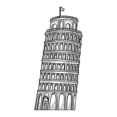 Eğik Pisa Kulesi kabartma vektör çizimi. Tahta sitili taklit. Siyah beyaz el çizimi resim.