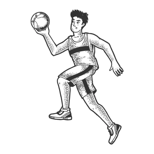 Μπάσκετ παίκτης με μπάλα σκίτσο χάραξη διάνυσμα εικονογράφηση. Σχεδιασμός εκτύπωσης ρούχων T-shirt. Απομίμηση χαρτονιού. Ασπρόμαυρη ζωγραφισμένη στο χέρι εικόνα. — Διανυσματικό Αρχείο