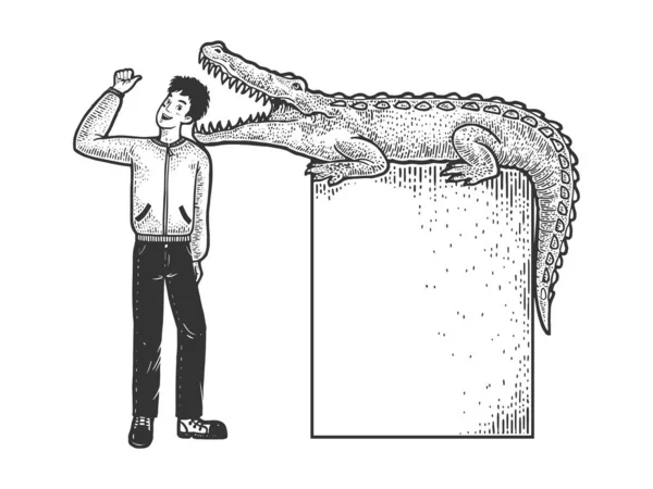 Optimistisk man sätter huvudet i käkarna på krokodil person skiss gravyr vektor illustration. T-shirt kläder tryck design. Scratch board stil imitation. Svart och vit handritad bild. — Stock vektor