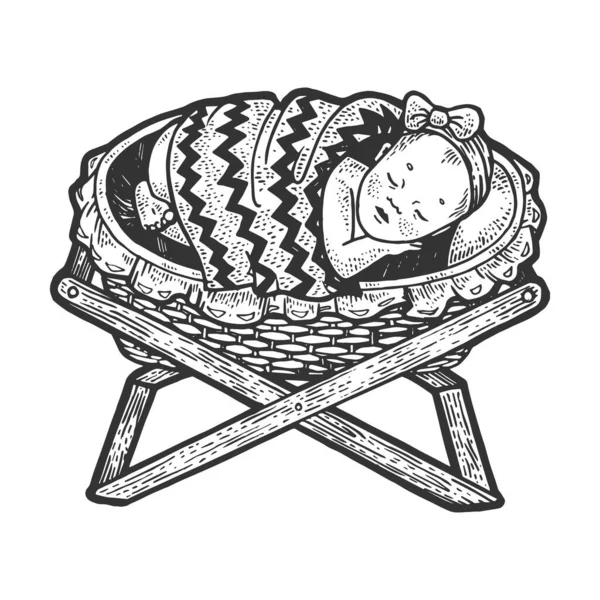 Bambino dorme nella culla schizzo incisione vettoriale illustrazione. T-shirt abbigliamento design di stampa. Imitazione del gratta e Vinci. Immagine disegnata a mano in bianco e nero . — Vettoriale Stock