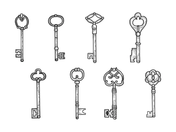 Vintage Key Set Skizze Gravur Vektor Illustration. T-Shirt-Print-Design. Rubbellos-Imitat. Handgezeichnetes Schwarz-Weiß-Bild. — Stockvektor