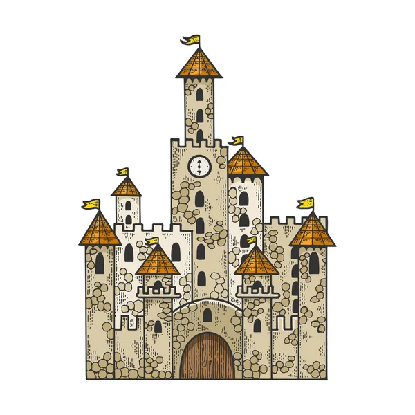 Conto de fadas castelo medieval esboço gravura vetor ilustração. T-shirt design de impressão de vestuário. Imitação de raspadinha. Imagem desenhada à mão preto e branco . — Vetor de Stock