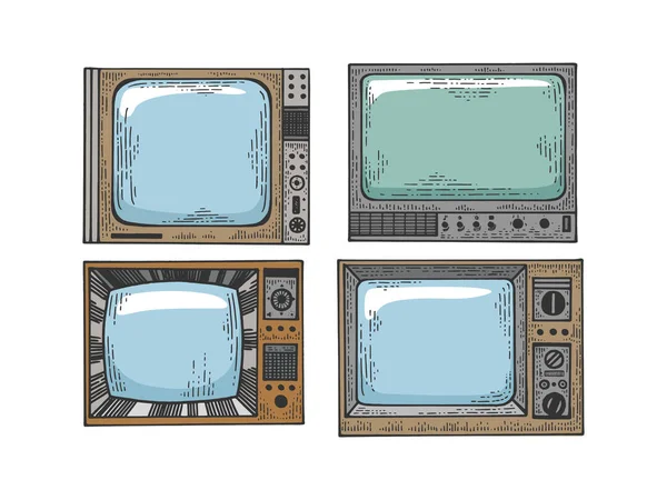 TV kabartma çizim vektör illüstrasyonunu ayarla. Tişört giysisi baskısı tasarımı. Tahta sitili taklit. Siyah beyaz el çizimi resim. — Stok Vektör