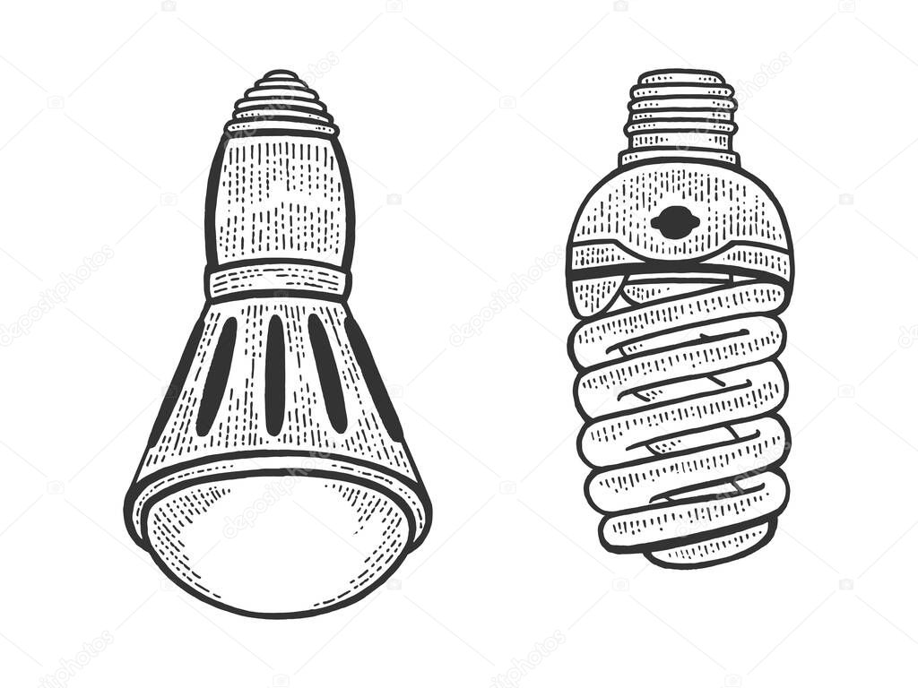 Energy saving lamp sketch engraving vector illustration. T-shirt apparel print design. Scratch board style imitation. Black and white hand drawn image.