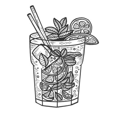 Mojito kokteyl taslağı oyma vektör illüstrasyonu. Tişört giysisi baskısı tasarımı. Tahta sitili taklit. Siyah beyaz el çizimi resim.