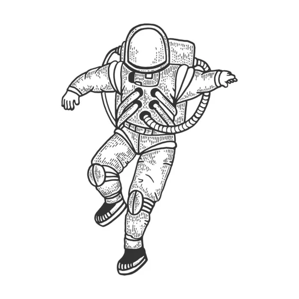 Astronauta in disegno di disegno tuta spaziale incisione vettoriale illustrazione. T-shirt abbigliamento design di stampa. Imitazione in stile gratta e vinci. Immagine disegnata a mano in bianco e nero . — Vettoriale Stock