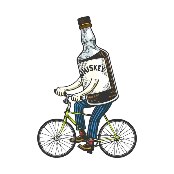 Whiskey Flasche fährt Fahrrad Skizze Gravur Vektor Illustration. T-Shirt-Print-Design. Scratch-Board-Imitat. Handgezeichnetes Schwarz-Weiß-Bild. — Stockvektor