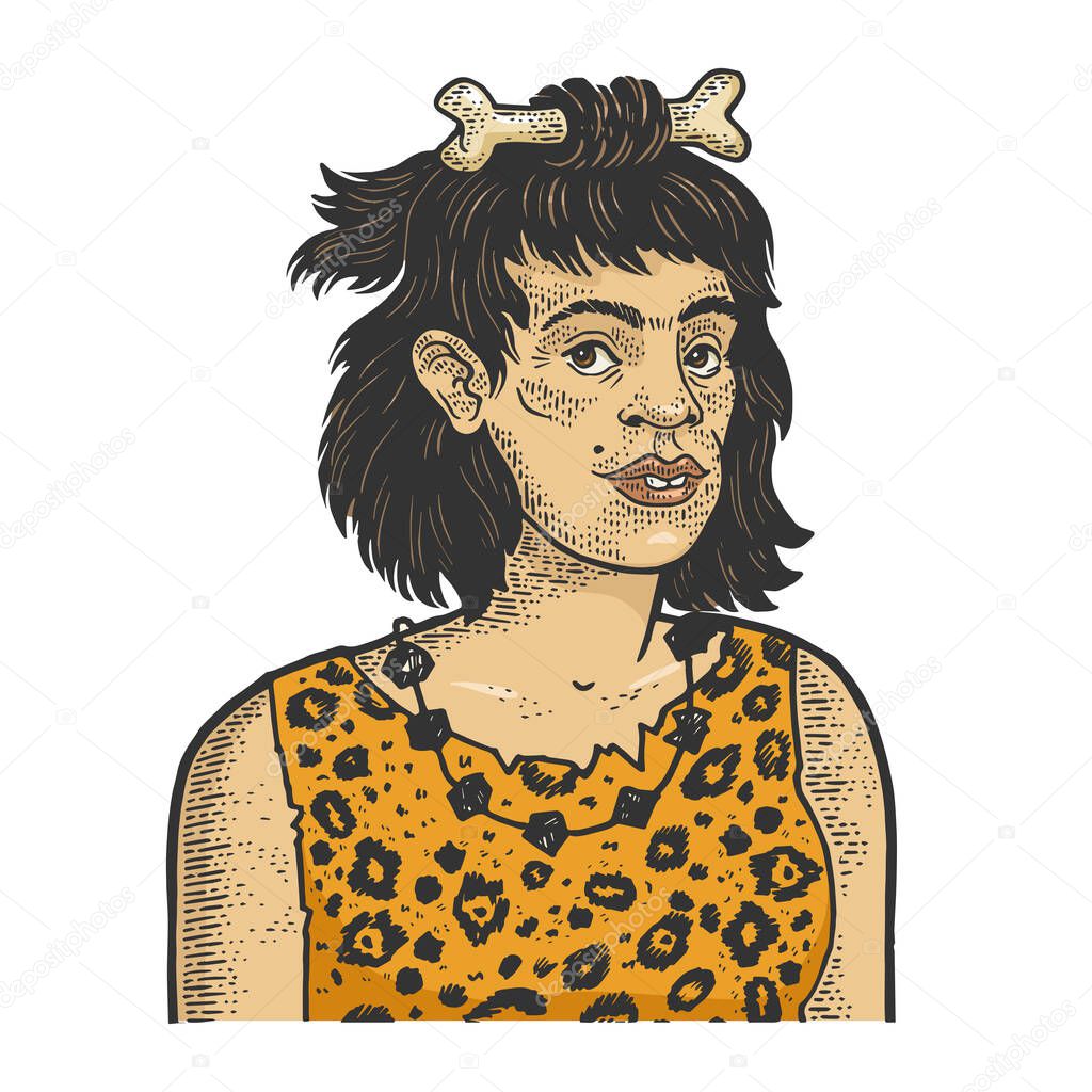 Primitive caveman human woman sketch engraving vector illustration. T-shirt apparel print design. Scratch board style imitation. Black and white hand drawn image.