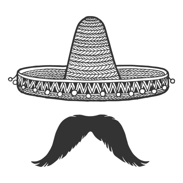 Chapéu sombrero mexicano e desenho de bigode gravura ilustração vetorial. T-shirt design de impressão de vestuário. Imitação de estilo Scratch board. Imagem desenhada à mão preto e branco . — Vetor de Stock