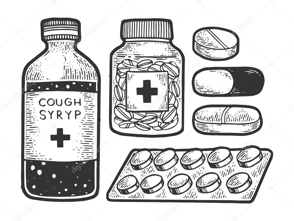 Medicine drug set sketch engraving vector illustration. T-shirt apparel print design. Scratch board style imitation. Black and white hand drawn image.
