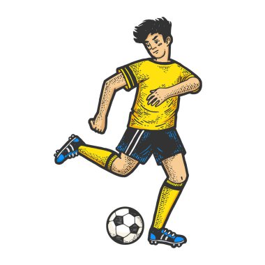 Top skeci kabartma vektör illüstrasyonlu bir futbolcu. Tişört giysisi baskısı tasarımı. Çizik tahtası taklidi. Siyah beyaz el çizimi resim.