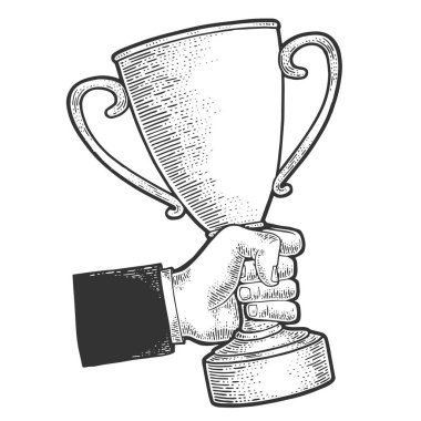 Trophy cup prize in hand sketch engraving vector illustration. T-shirt apparel print design. Scratch board style imitation. Black and white hand drawn image. clipart