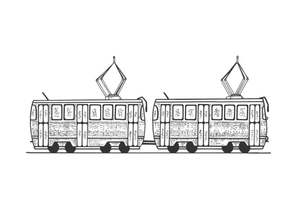 Tramway transport ferroviaire public croquis gravure vectorielle illustration. Imitation de style scratch board. Image dessinée à la main noir et blanc . — Image vectorielle
