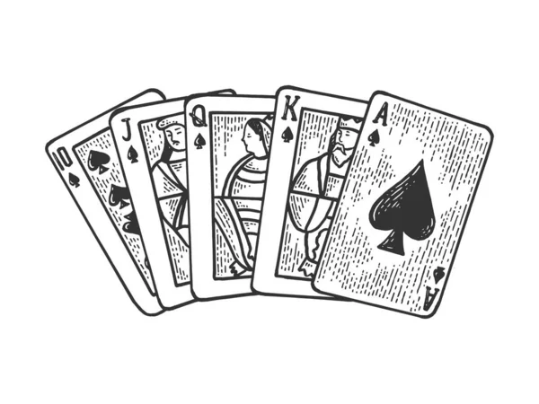 Покер Рояль флеш выигрышная комбинация карт эскиз гравировки векторной иллюстрации. Дизайн одежды для футболок. Имитация в стиле Scratch board. Черно-белое изображение . — стоковый вектор