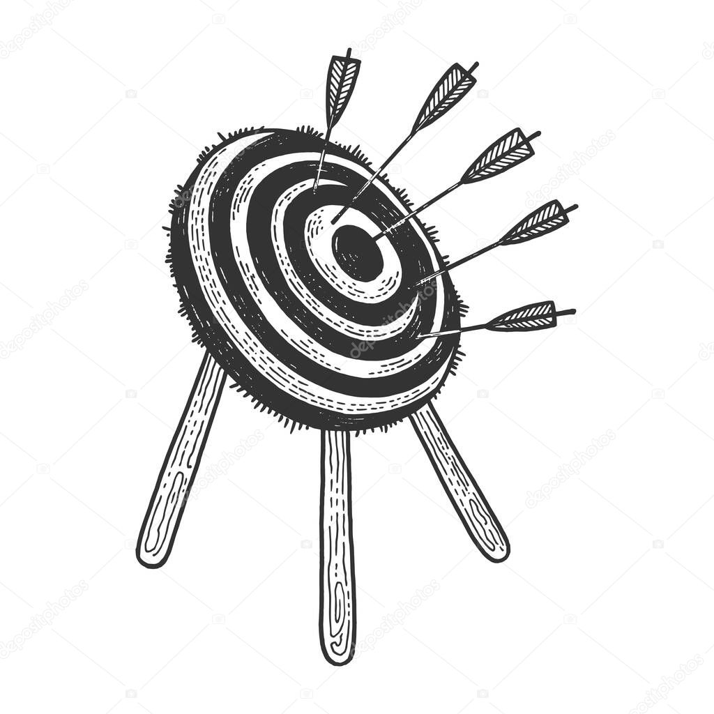 Target with arrows sketch engraving vector illustration. T-shirt apparel print design. Scratch board style imitation. Black and white hand drawn image.