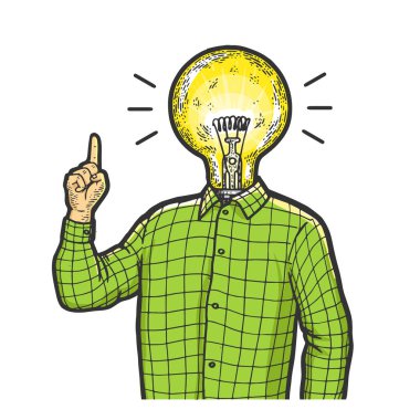 Lamba fikir baş ve işaret parmağı kadar el dikkat jest çizim çizim ivedilik vektör illüstrasyon ile Adam. Scratch tahta tarzı taklit. Siyah beyaz elle çizilmiş görüntü.