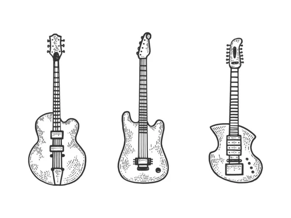 Jeu de guitare électrique croquis gravure vectorielle illustration. T-shirt imprimé design. Imitation de style scratch board. Image dessinée à la main noir et blanc . — Image vectorielle