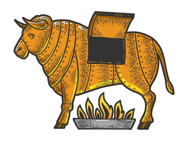 Brazen bronz szicíliai bika középkori végrehajtás kínzás eszköz vázlat gravírozás vektoros illusztráció. Scratch Board stílus utánzat. Kézzel rajzolt kép. — Stock Vector
