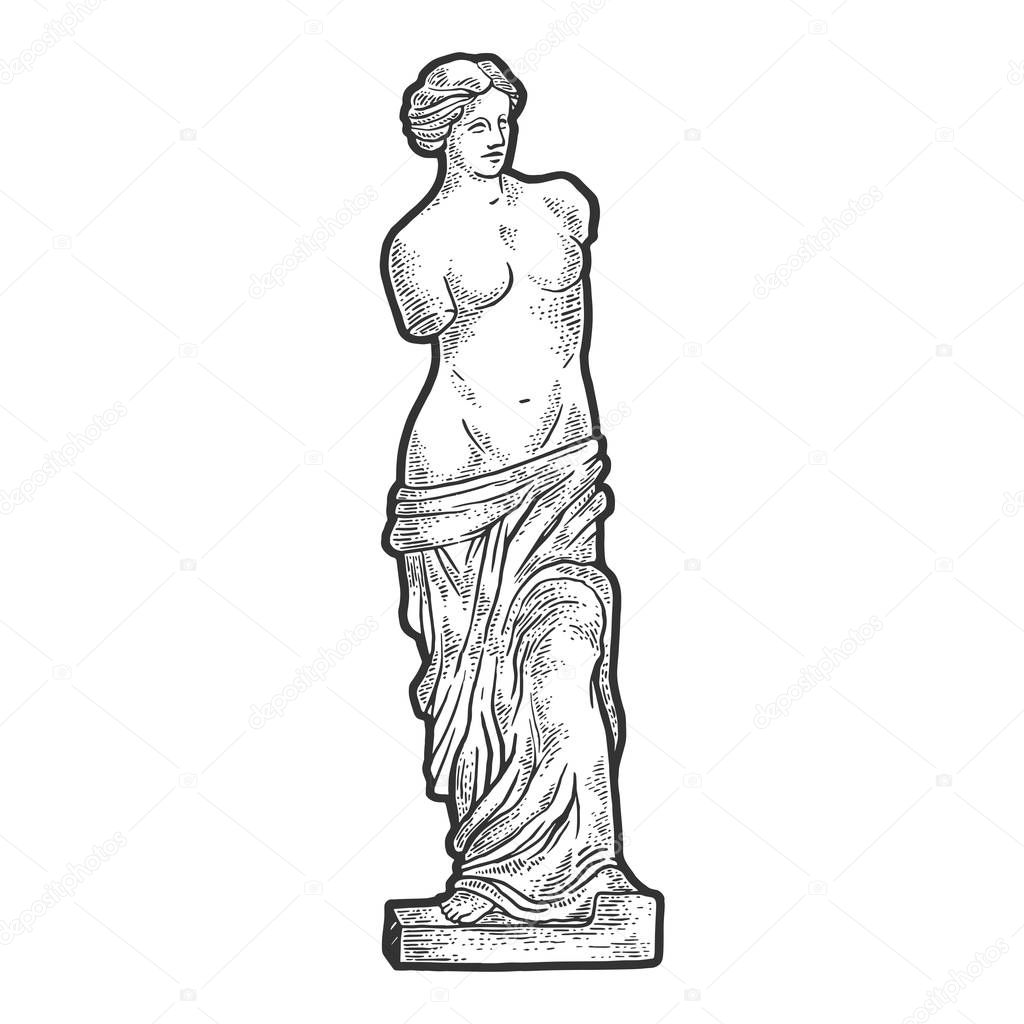 Venus de Milo ancient Greek statue sketch engraving vector illustration. T-shirt apparel print design. Scratch board imitation. Black and white hand drawn image.