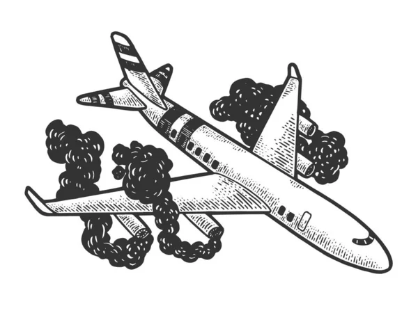 Avião acidente esboço gravura vetor ilustração. T-shirt design de impressão de vestuário. Imitação de estilo Scratch board. Imagem desenhada à mão . —  Vetores de Stock