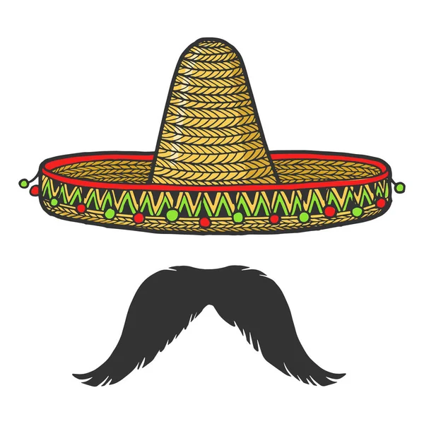 Mexikói sombrero kalap és bajusz vázlat vektor illusztráció. Póló mintás ruha. Kaparós tábla stílusú utánzat. Fekete-fehér kézzel rajzolt kép. — Stock Vector