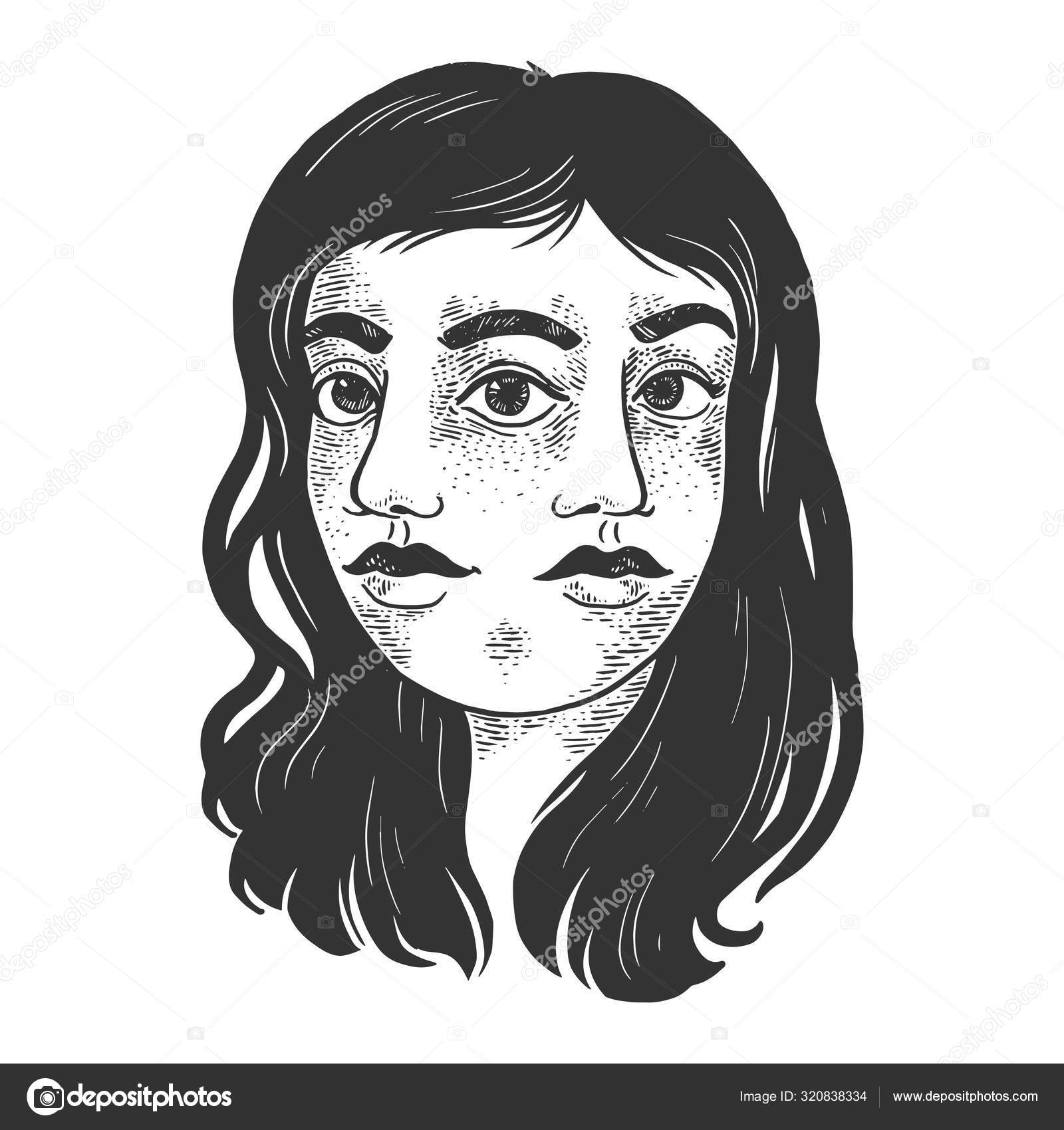 Double face girl sketch engraving vector illustration. T-shirt apparel  print design. Scratch board style imitation. Black and white hand drawn  image. Stock Vector by ©AlexanderPokusay 320838334
