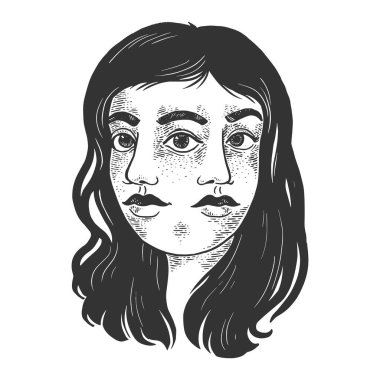 Çift yüzlü kız çizimi, kabartma vektör çizimi. Tişört giysisi baskısı tasarımı. Tahta sitili taklit. Siyah beyaz el çizimi resim.