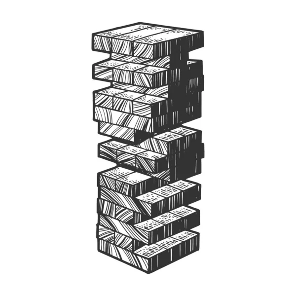 Dřevěný blok věž hra náčrt rytiny vektorové ilustrace. Design trička s potiskem. Napodobenina stylu škrábanců. Černobílý ručně kreslený obrázek. — Stockový vektor