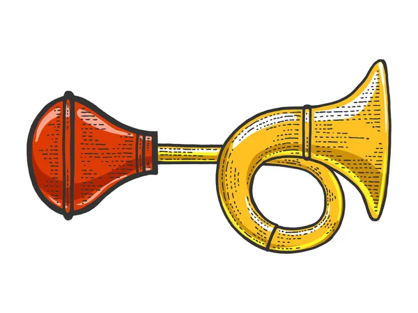 Jármű kürt vázlat metszet vektor illusztráció. Póló mintás ruha. Kaparós tábla stílusú utánzat. Fekete-fehér kézzel rajzolt kép. — Stock Vector