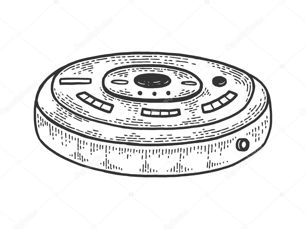 Robotic vacuum cleaner sketch engraving vector illustration. T-shirt apparel print design. Scratch board style imitation. Black and white hand drawn image.