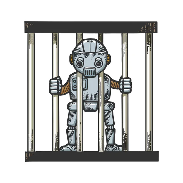 Fånge robot bakom fängelset barer skiss gravyr vektor illustration. Scratch board stil imitation. Svart och vit handritad bild. — Stock vektor