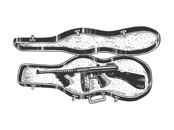 Thompson submachine geweer in viool geval schets graveren vector illustratie. T-shirt kleding print ontwerp. Scratch board stijl imitatie. Zwart en wit met de hand getekend afbeelding. — Stockvector