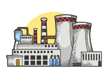 Nükleer santral çizimi, kabartma vektör çizimi. Tişört giysisi baskısı tasarımı. Tahta sitili taklit. Siyah beyaz el çizimi resim.