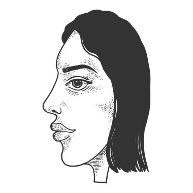 Çift yüzlü soyut illüzyon kızı kabartma vektör çizimi. Tişört giysisi baskısı tasarımı. Tahta sitili taklit. Siyah beyaz el çizimi resim.