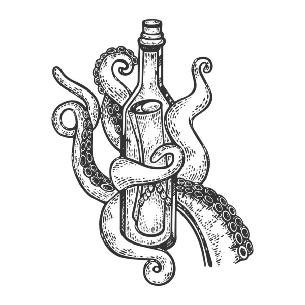 Oktopus-Tentakel mit Flaschenpost-Gravur-Vektorillustration. Scratch-Board-Imitat. Handgezeichnetes Schwarz-Weiß-Bild. — Stockvektor