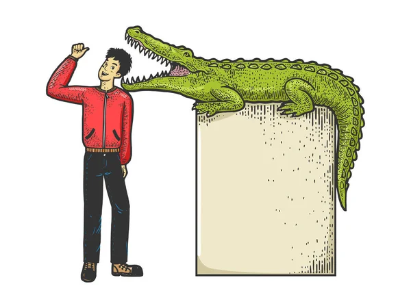 Optimistischer Mann steckt seinen Kopf in den Kiefer einer Krokodilmenschen-Skizze zur Vektorillustration. T-Shirt-Print-Design. Scratch-Board-Imitat. Handgezeichnetes Schwarz-Weiß-Bild. — Stockvektor