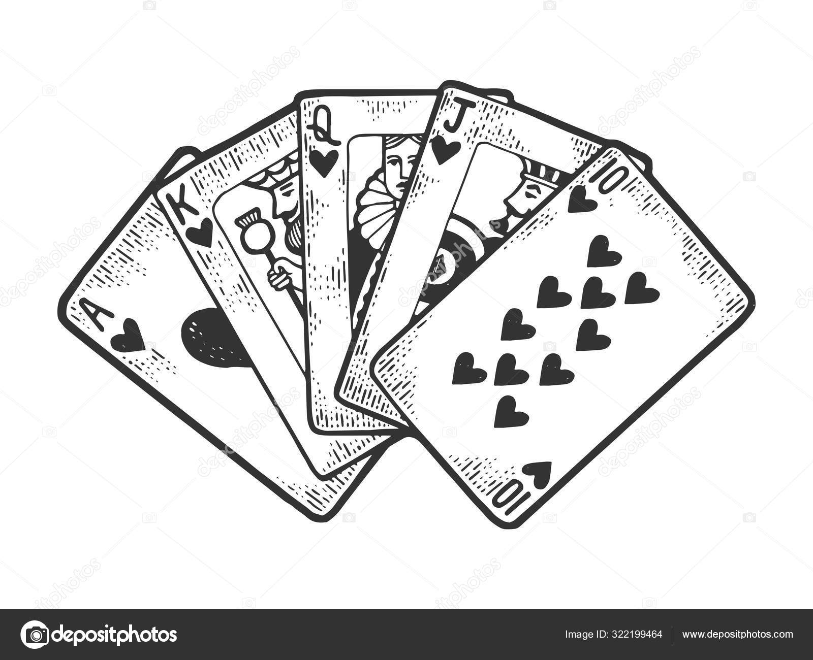 Poker Royal flush winning combination of cards sketch engraving vector