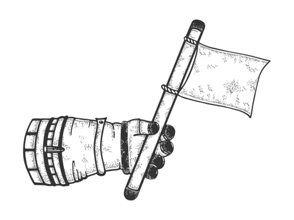 Рука астронавта с чистым белым флагом эскиз гравировки векторной иллюстрации. Дизайн одежды для футболок. Имитация в стиле Scratch board. Черно-белое изображение . — стоковый вектор