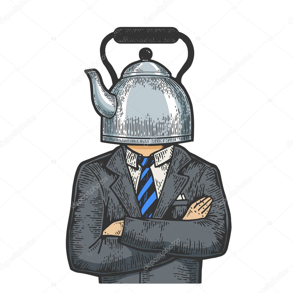 Kettle pot head businessman sketch engraving vector illustration. T-shirt apparel print design. Scratch board style imitation. Black and white hand drawn image.