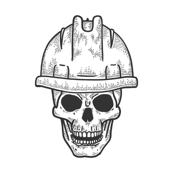 Schädel in Arbeit Bau Helm Skizze Gravur Vektorillustration. T-Shirt-Print-Design. Scratch-Board-Imitat. Handgezeichnetes Schwarz-Weiß-Bild. — Stockvektor