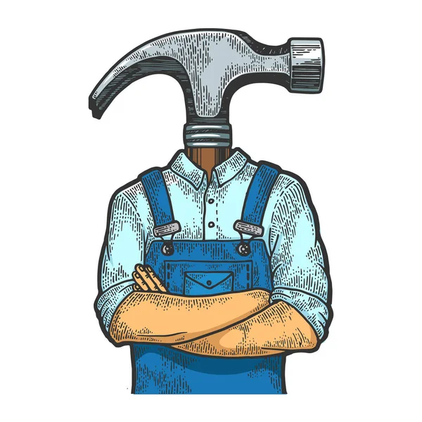 Martillo cabeza trabajador de la construcción carpintero boceto grabado vector ilustración. Diseño de estampado de ropa de camiseta. Scratch board estilo imitación. Imagen dibujada a mano en blanco y negro . — Vector de stock