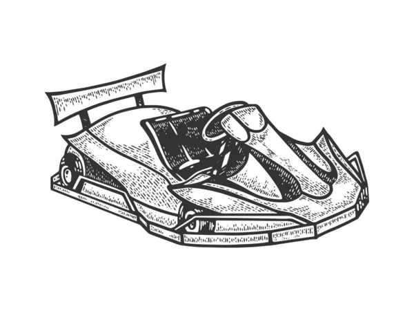 Ga kart sport auto schets graveren vector illustratie. T-shirt kleding print ontwerp. Krasplank imitatie. Zwart en wit met de hand getekend afbeelding. — Stockvector