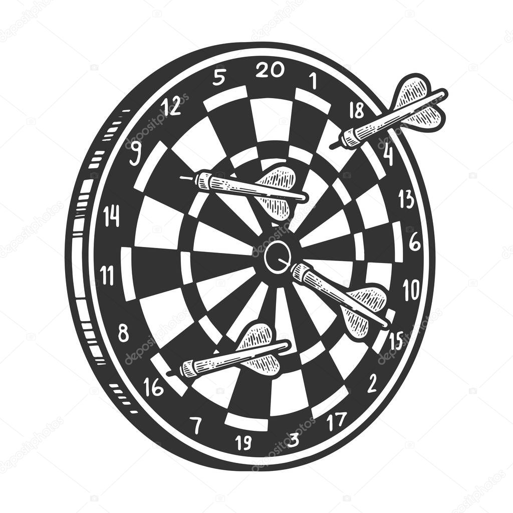Darts with dartboard game sketch engraving vector illustration. T-shirt apparel print design. Scratch board style imitation. Black and white hand drawn image.