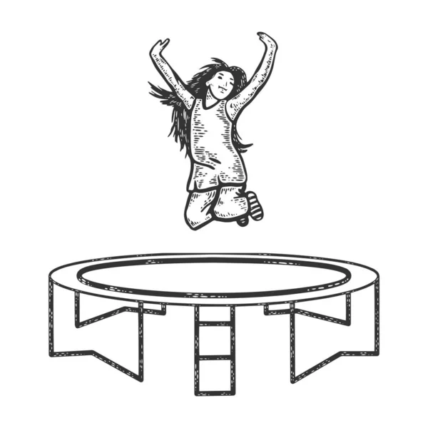 Ευτυχισμένο παιδί άλμα σε τραμπολίνο σκίτσο χάραξη διάνυσμα εικονογράφηση. Σχεδιασμός εκτύπωσης ρούχων T-shirt. Απομίμηση στυλ πίνακα γρατσουνιών. Ασπρόμαυρη ζωγραφισμένη στο χέρι εικόνα. — Διανυσματικό Αρχείο
